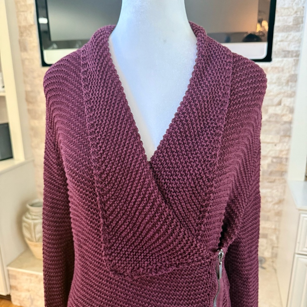 RACHEL Rachel Roy Cardigan Sweater Collared Zip Up Burgundy Thigh Length Size M